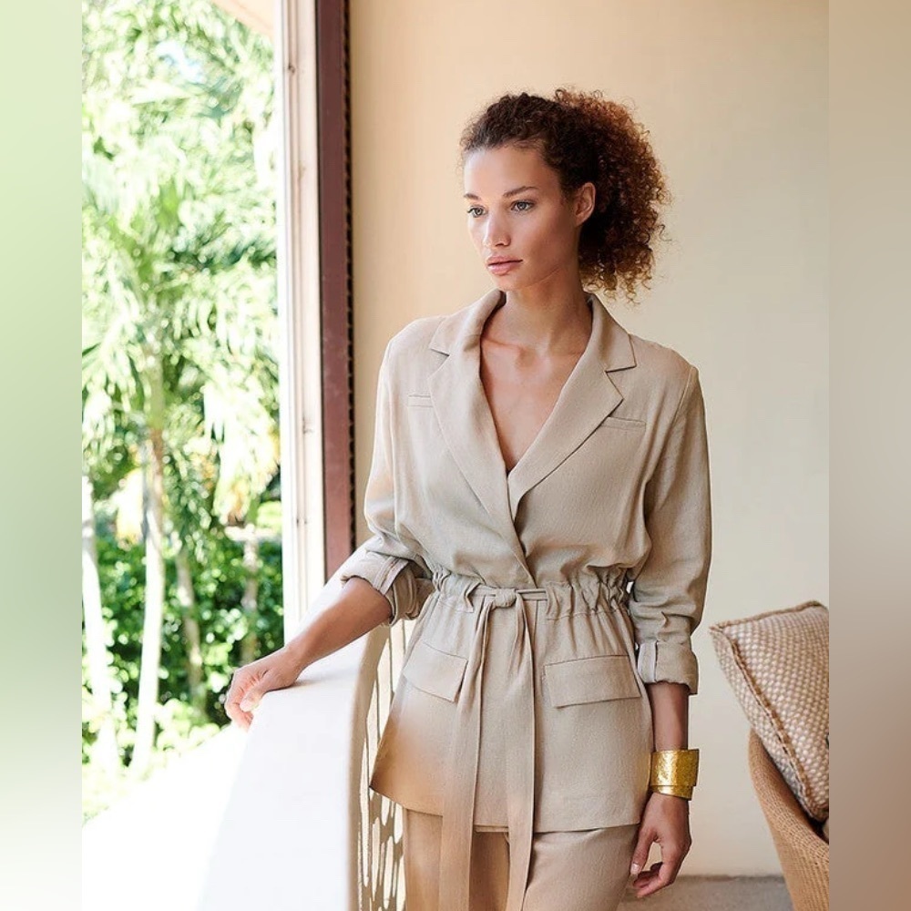 Natori Tan Relaxed Fit Tie Waist Linen Belted Blazer Size Small